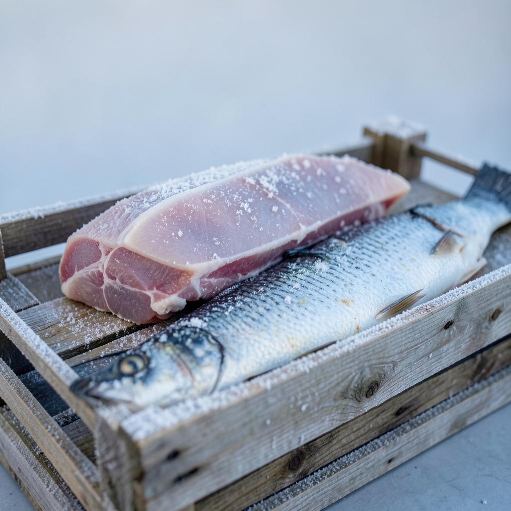 Fresh pork and fish on a frosted wooden crate